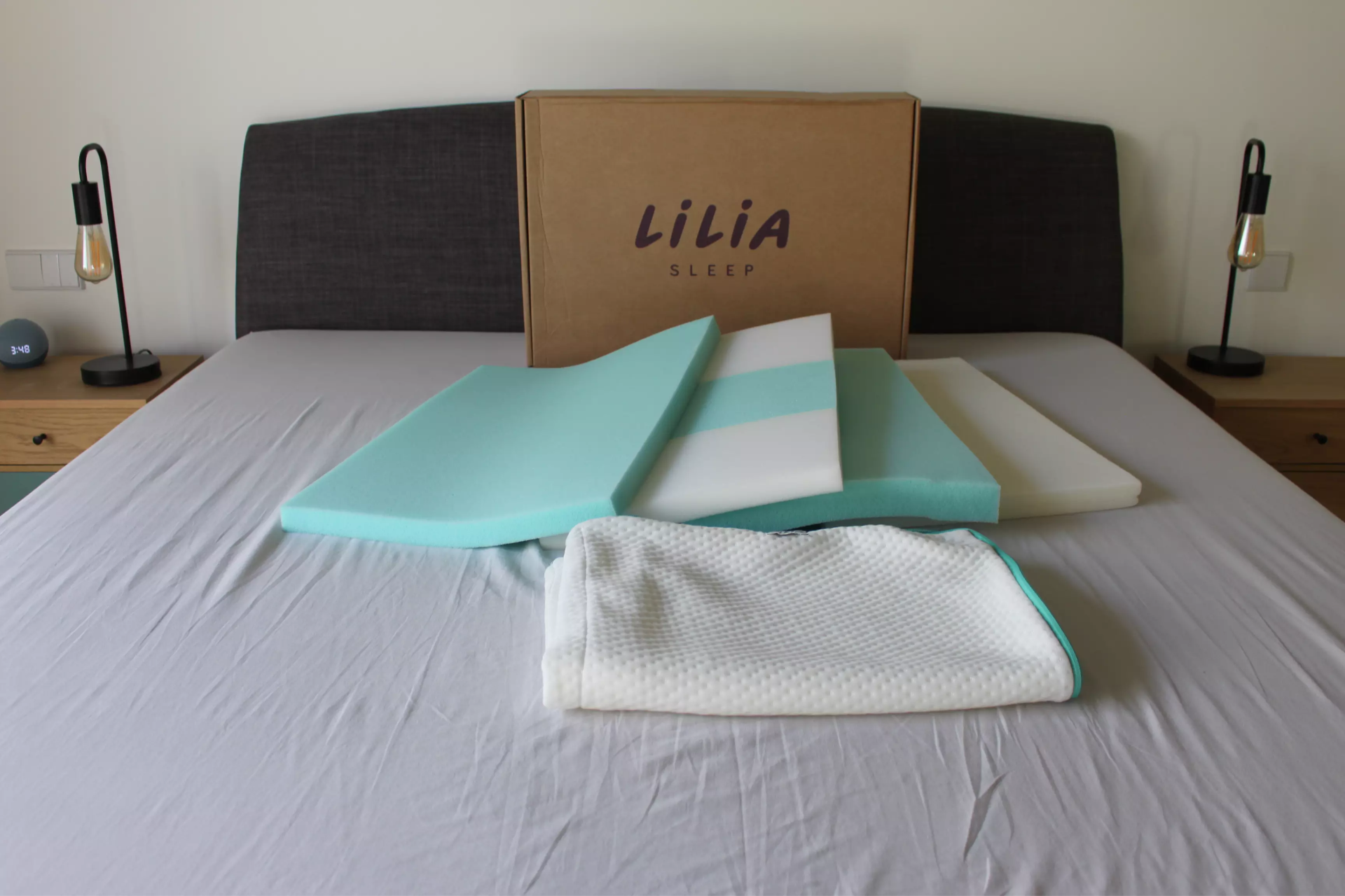 Lilia sleep forever pillow with foam layers, cover, and box